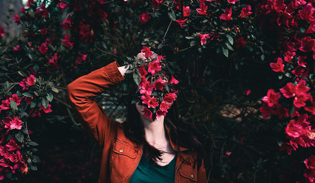 a woman holds a bouquet of red flowers over her face